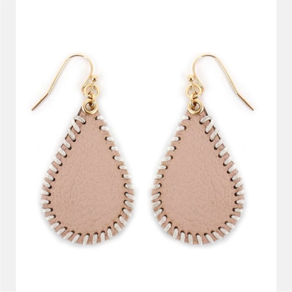 Blush Pink Faux Leather Whipstitch Teardrop Earrings Goldtone 14$